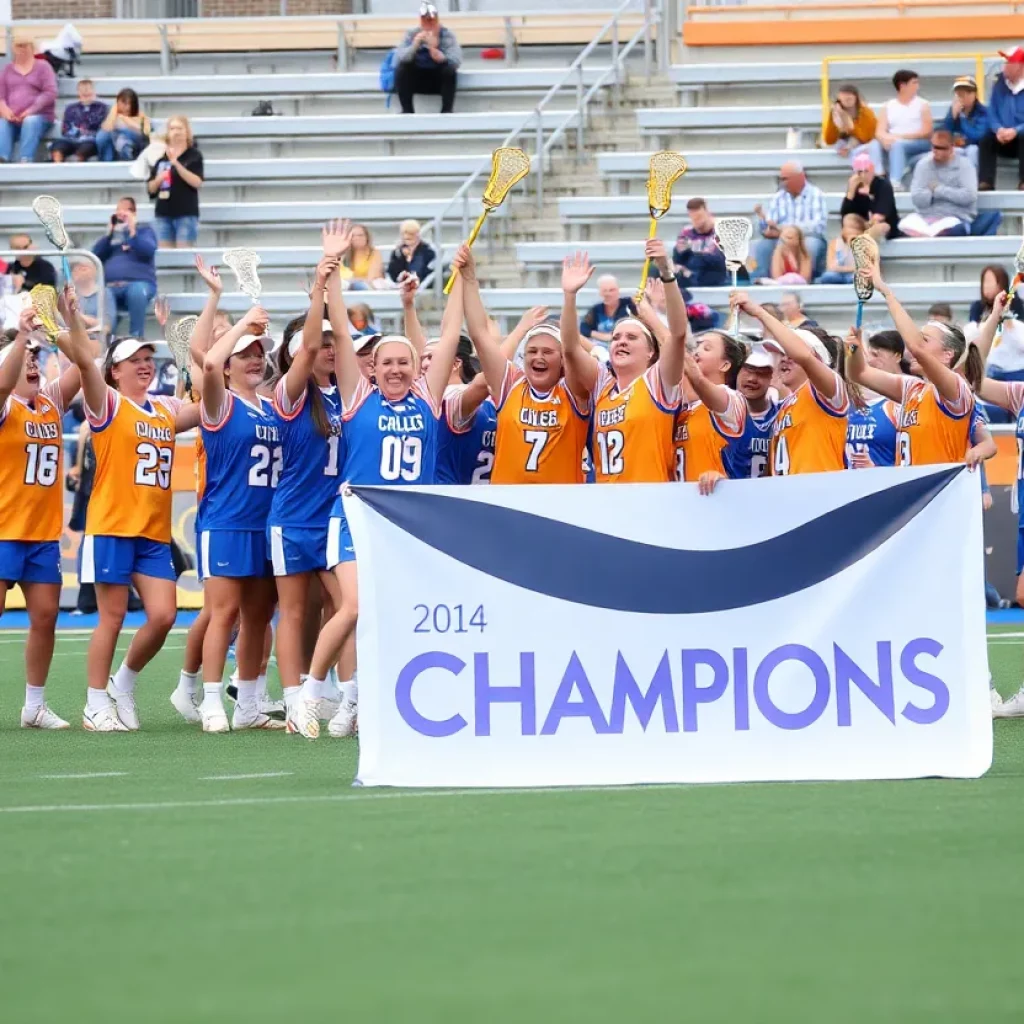Salesianum lacrosse team celebrating their state championship win on the field.