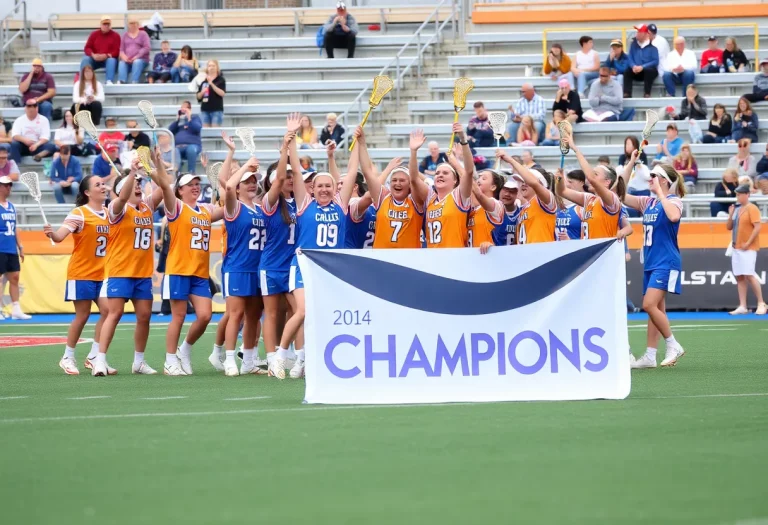 Salesianum lacrosse team celebrating their state championship win on the field.