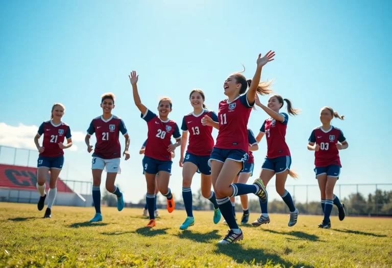 High school soccer player celebrates a goal with teammates