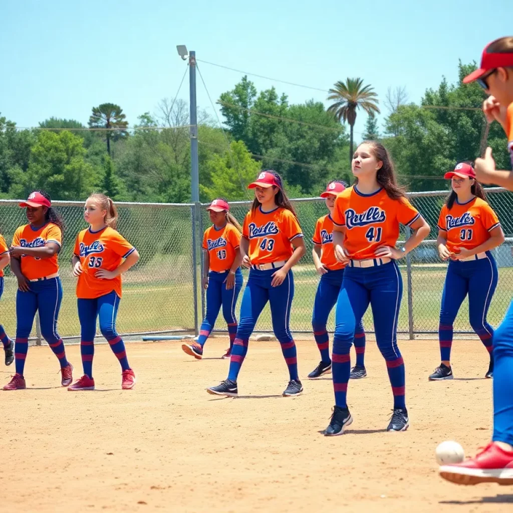 High school softball team practicing outdoors