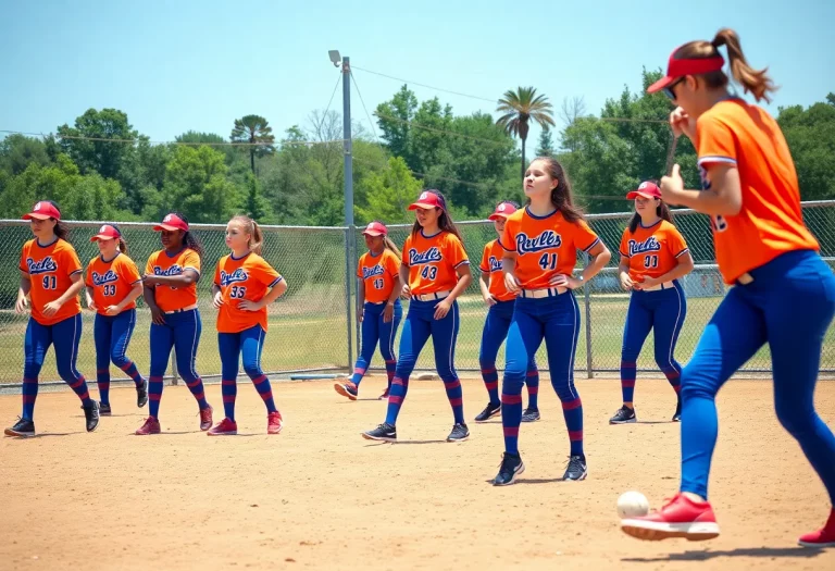High school softball team practicing outdoors