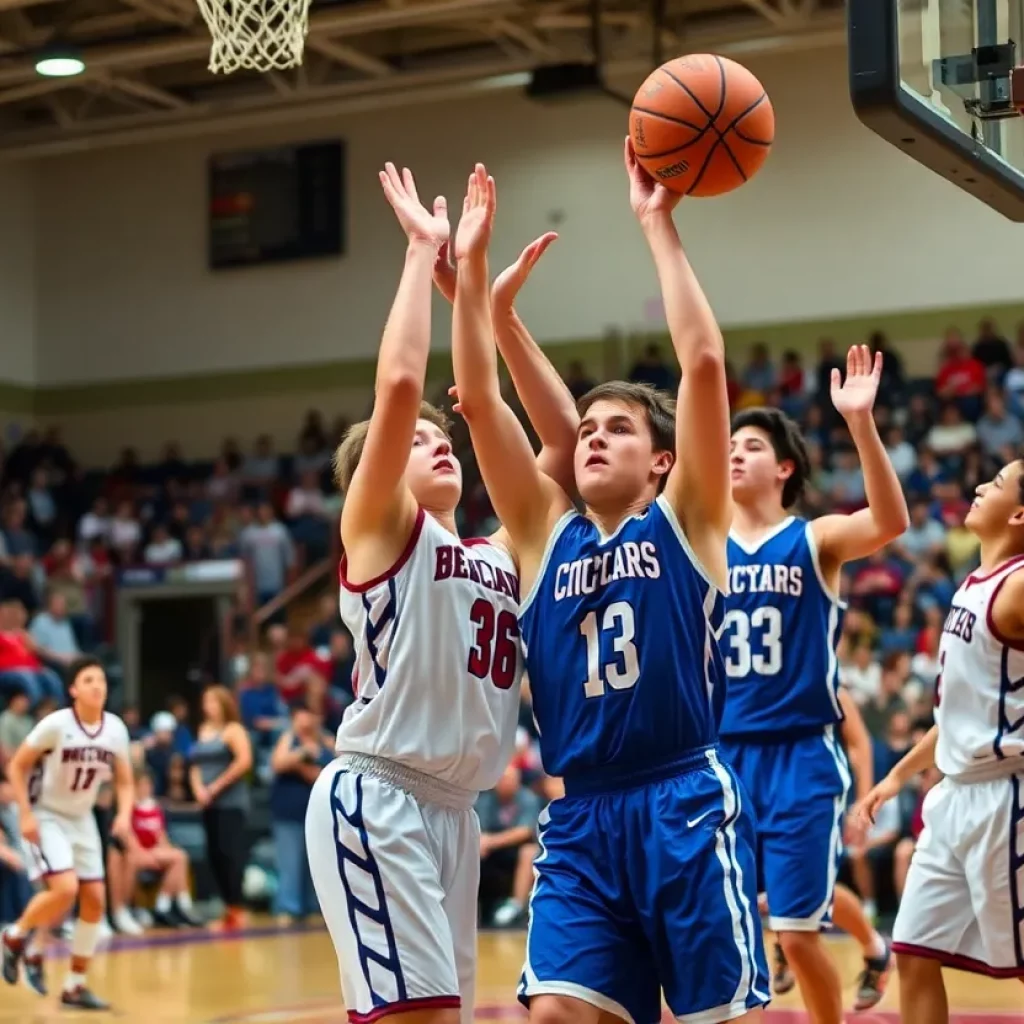 High school players in action during Senior Boys All-Star basketball game.