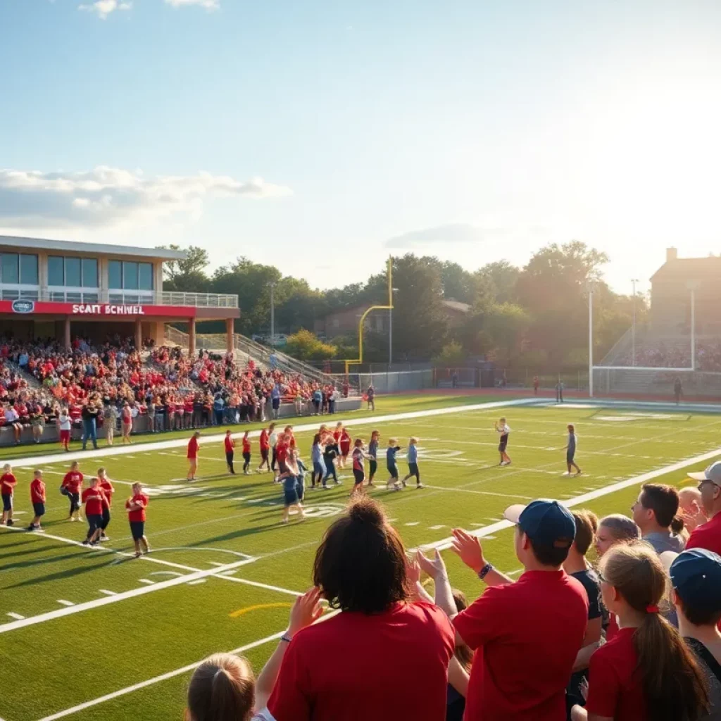 High school football field with fans and players