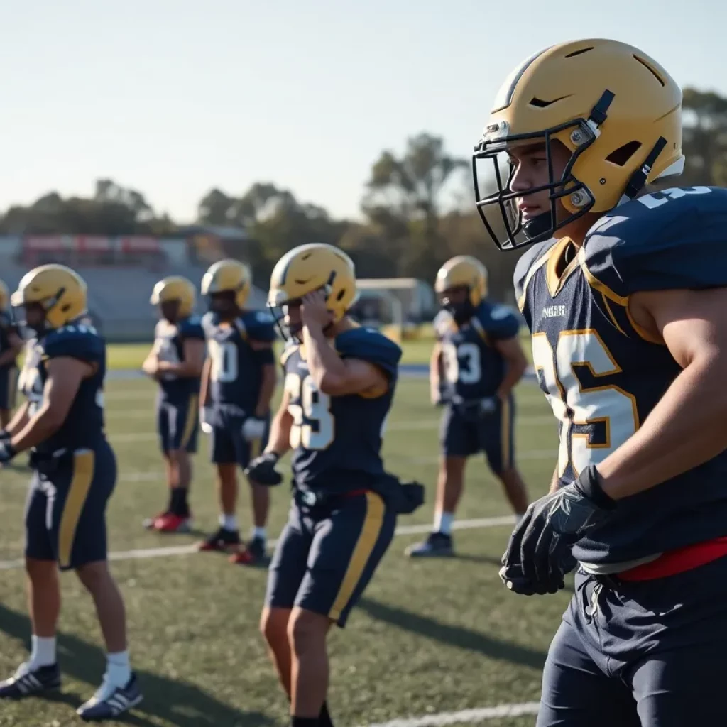 High school football players practicing on the field
