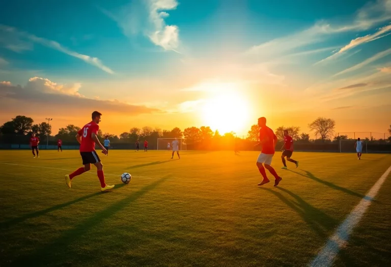 Vibrant soccer field at sunset with players practicing.