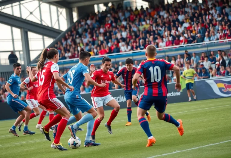 Soccer teams in action on a field during a match