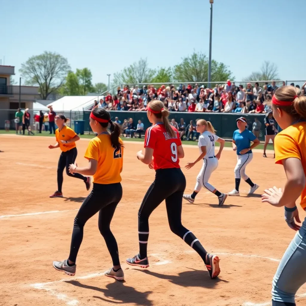 High school softball players in action during a game