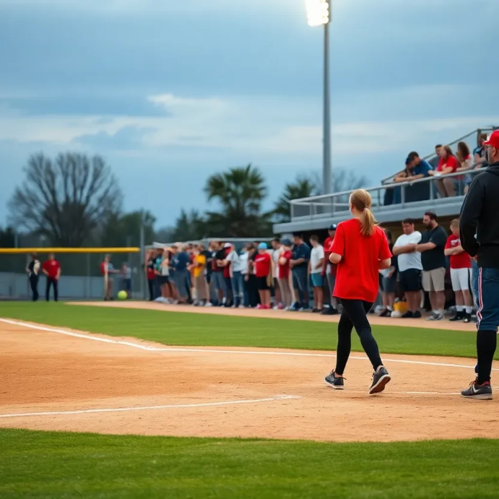 A chaotic scene at a high school softball game in Hondo, Texas, with concerned spectators watching the event unfold.