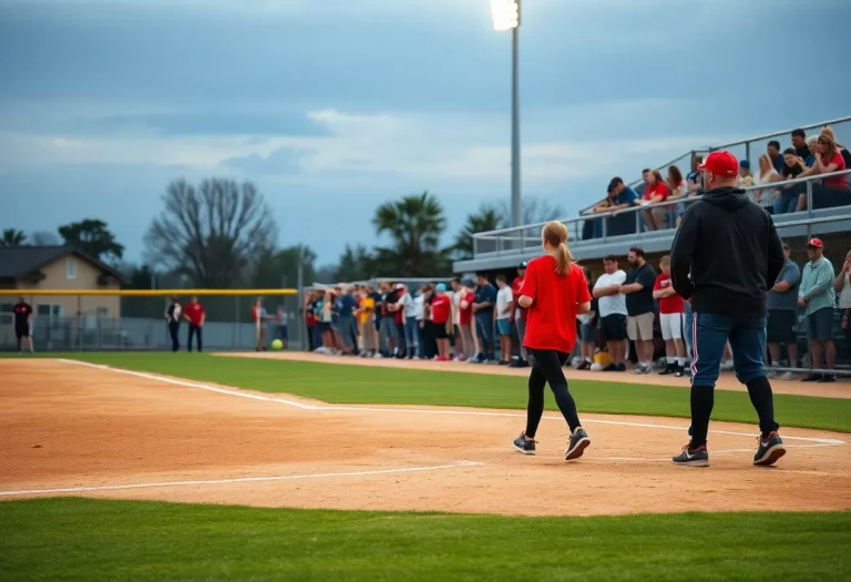 A chaotic scene at a high school softball game in Hondo, Texas, with concerned spectators watching the event unfold.