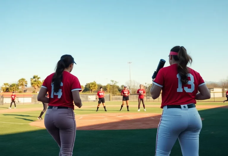 Young female softball players practicing on the field