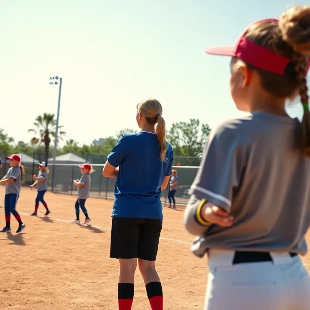 Young athletes on a softball field practicing as the season begins.
