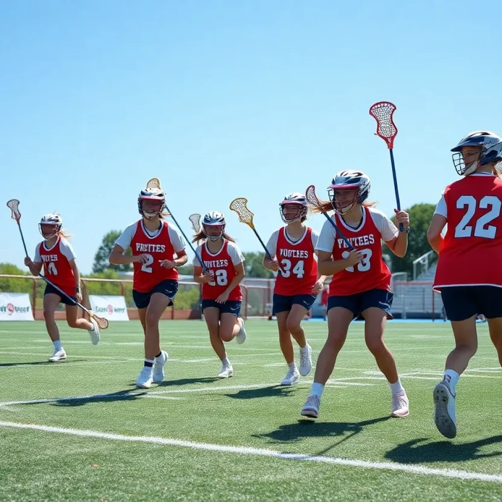 High school lacrosse players in action during a match.