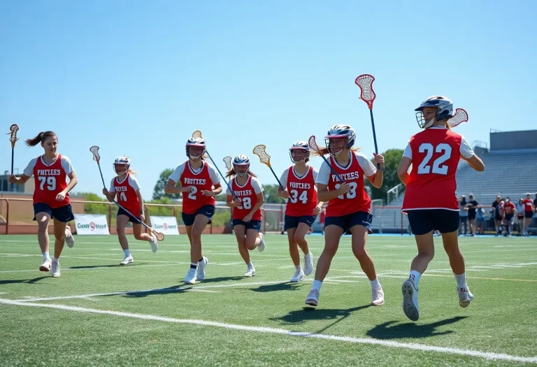 High school lacrosse players in action during a match.