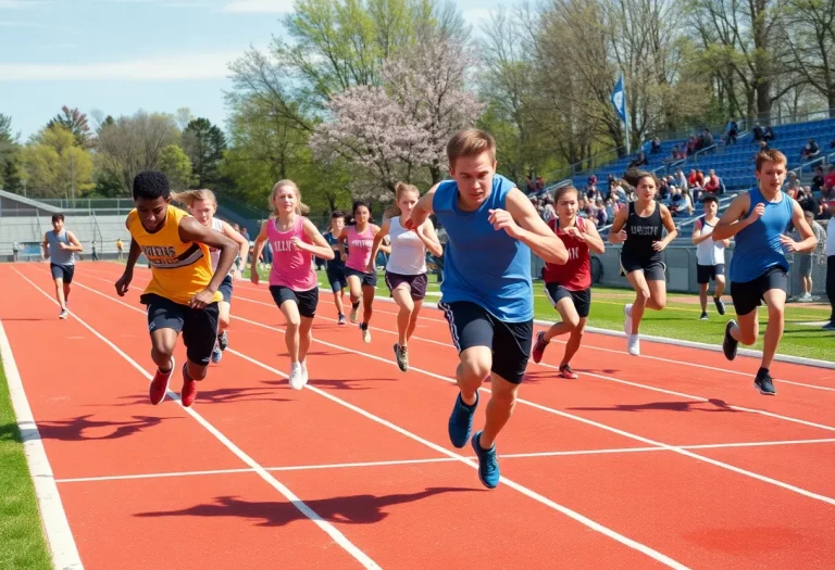 Athletes competing in a high school track and field event during spring