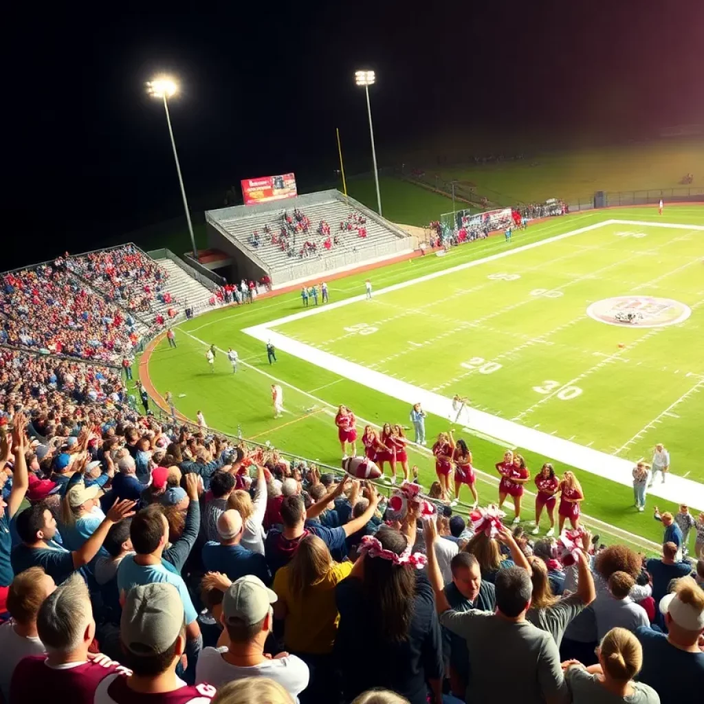 Crowd cheering at high school football game with cheerleaders