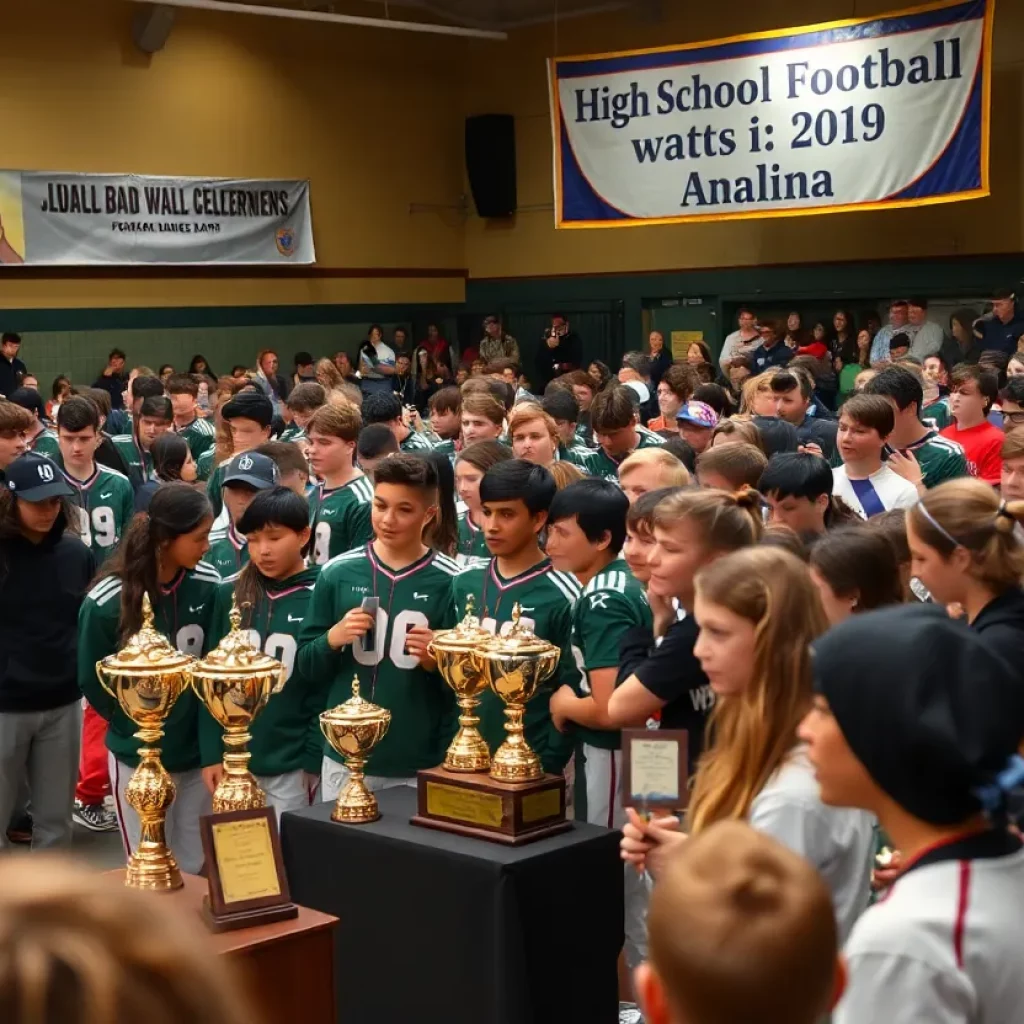 Group of young athletes and coaches celebrating at the Staten Island football awards ceremony.