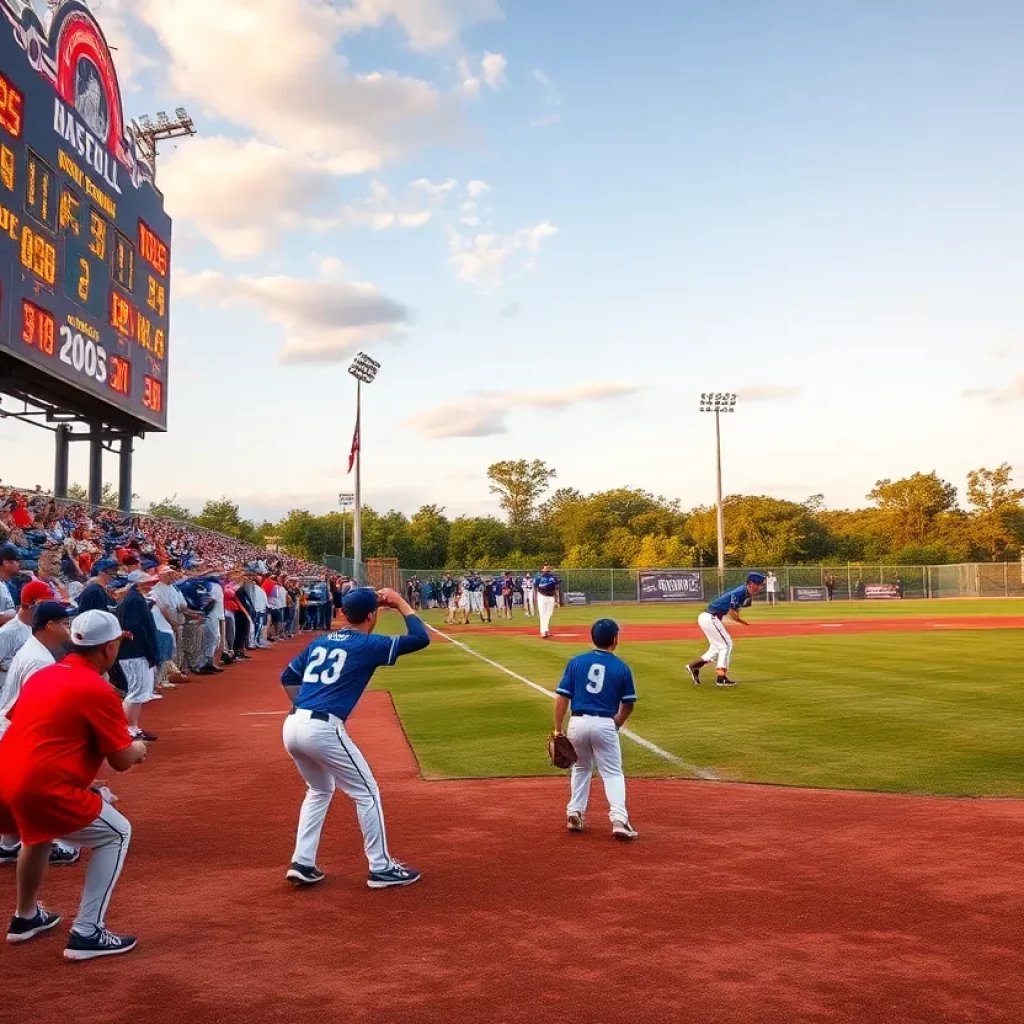 Baseball players competing on a field during a high school game.