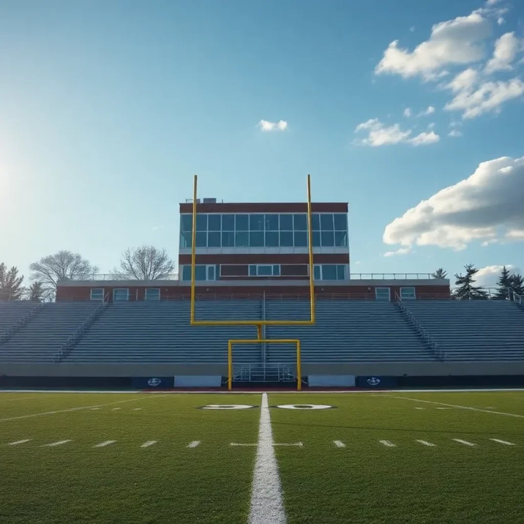 Empty high school football field with goalposts under sunlight