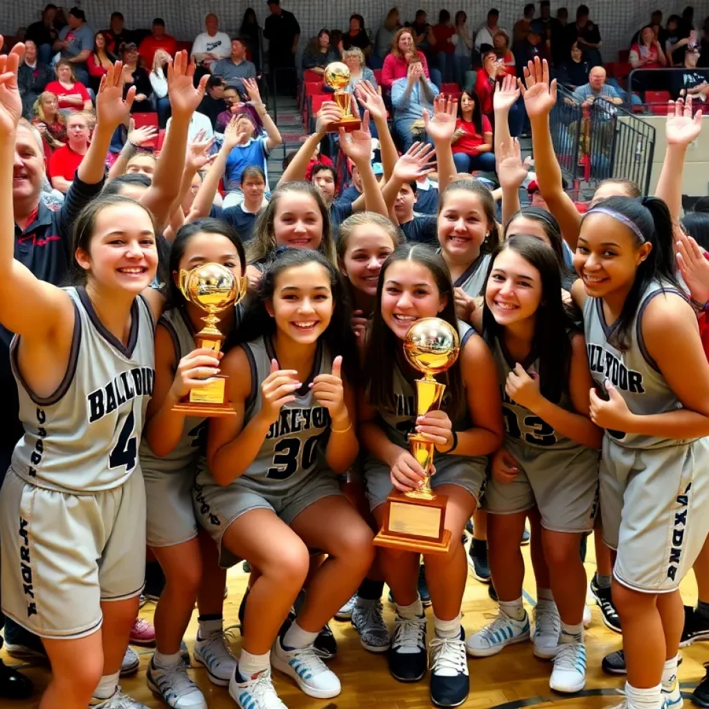 Tecumseh girls basketball team celebrating their state championship win.