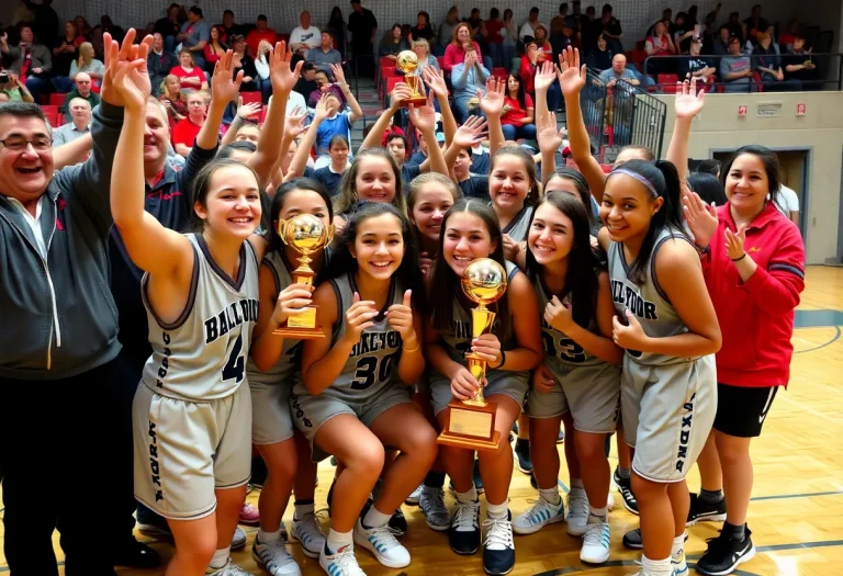 Tecumseh girls basketball team celebrating their state championship win.