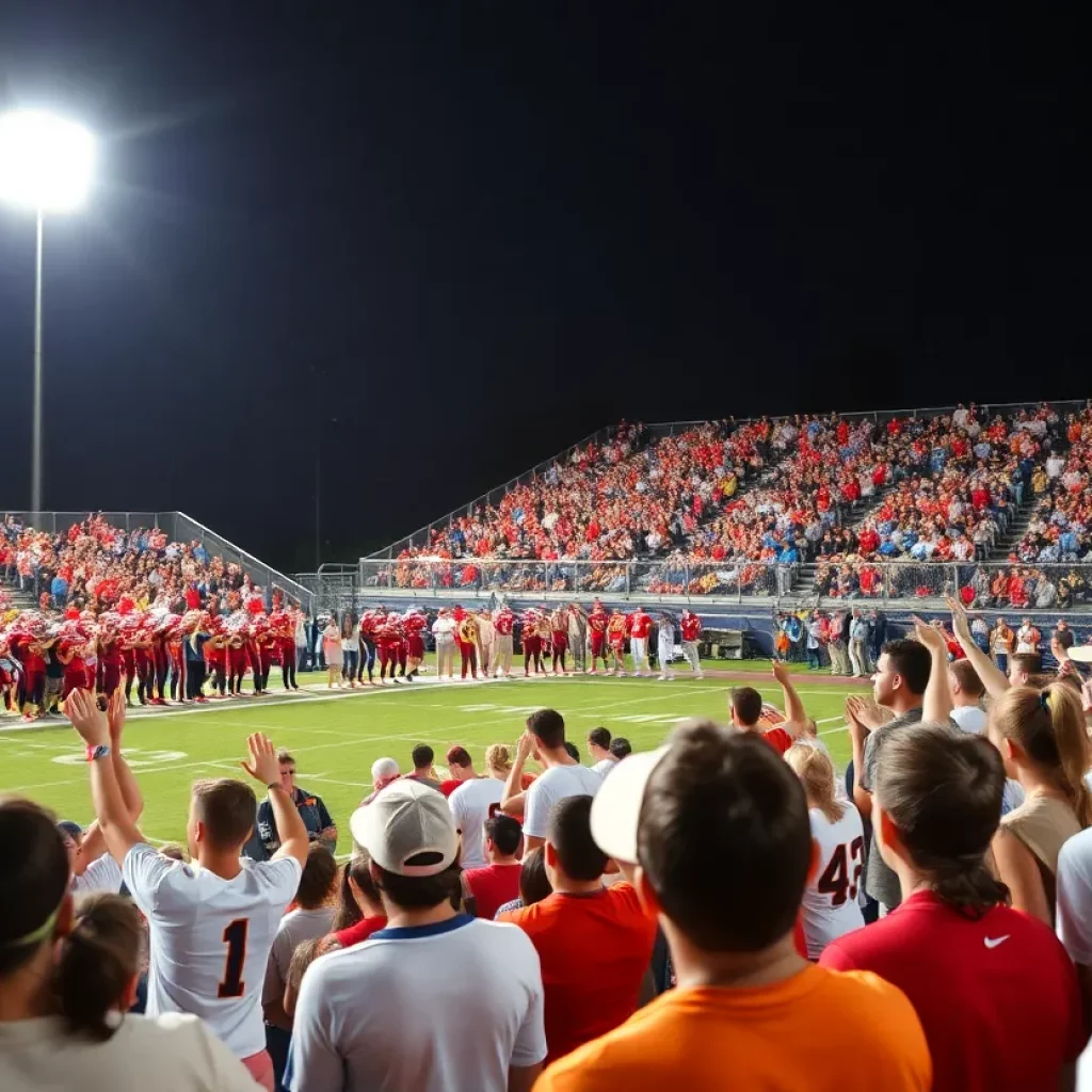 Exciting scene from a Texas high school football game with fans cheering