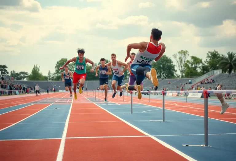 Athletes competing in a triple jump event on an athletic track