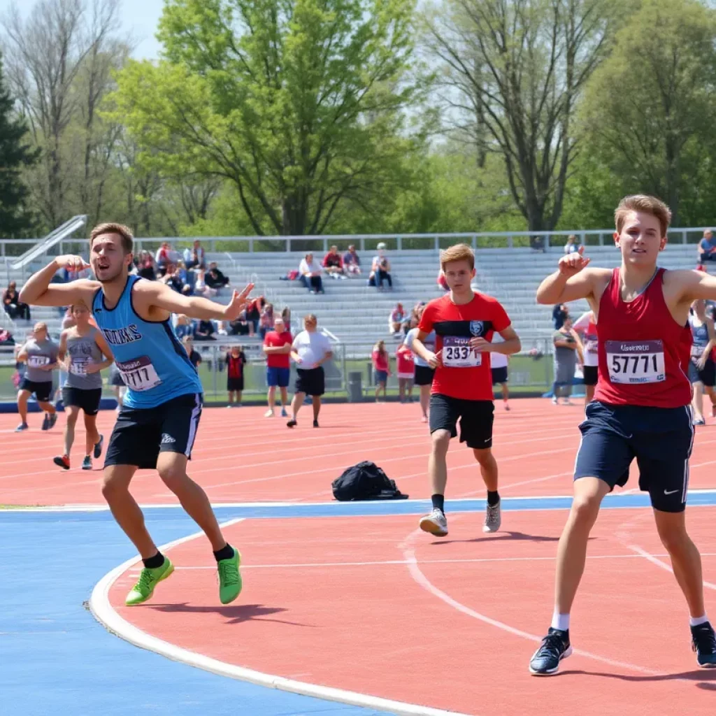 Athletes competing in discus and shot put at a high school track meet.