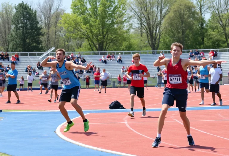 Athletes competing in discus and shot put at a high school track meet.