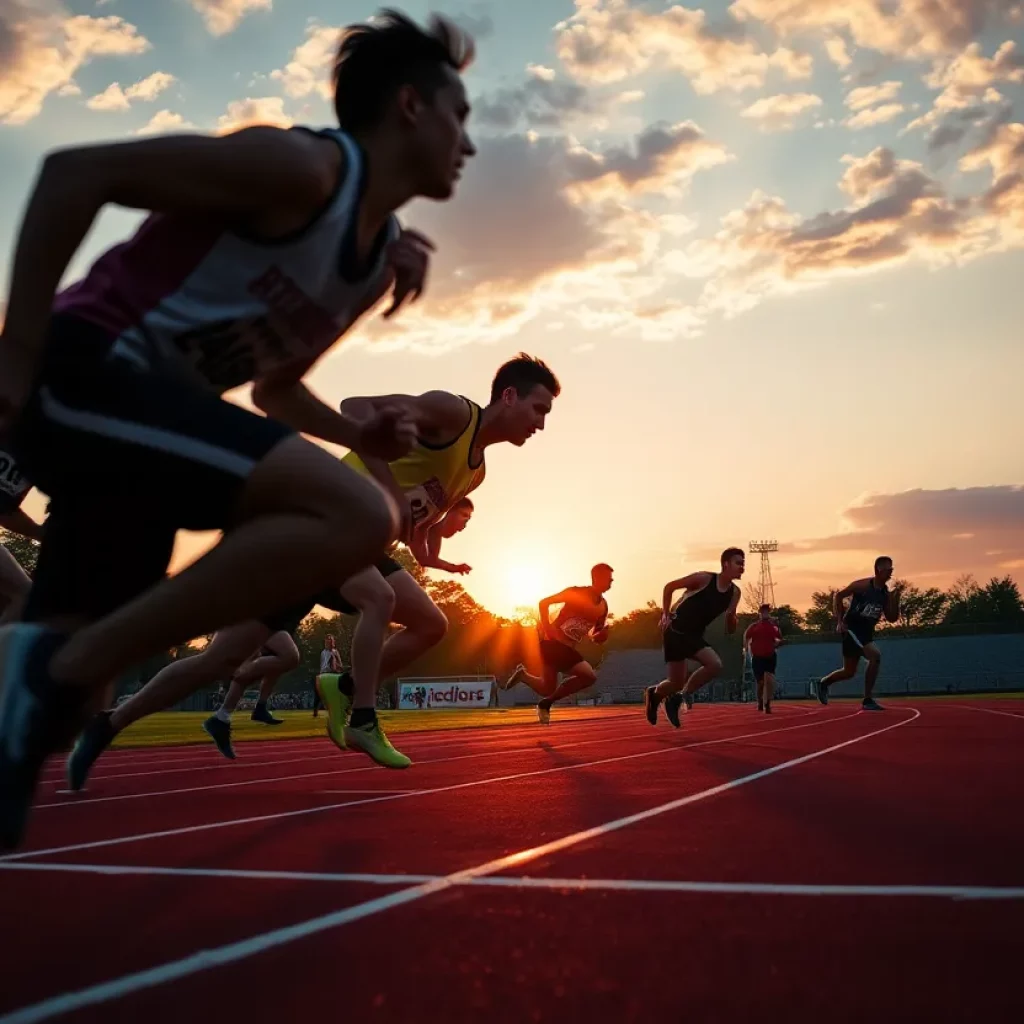 Athletes competing in a track and field event during sunset.