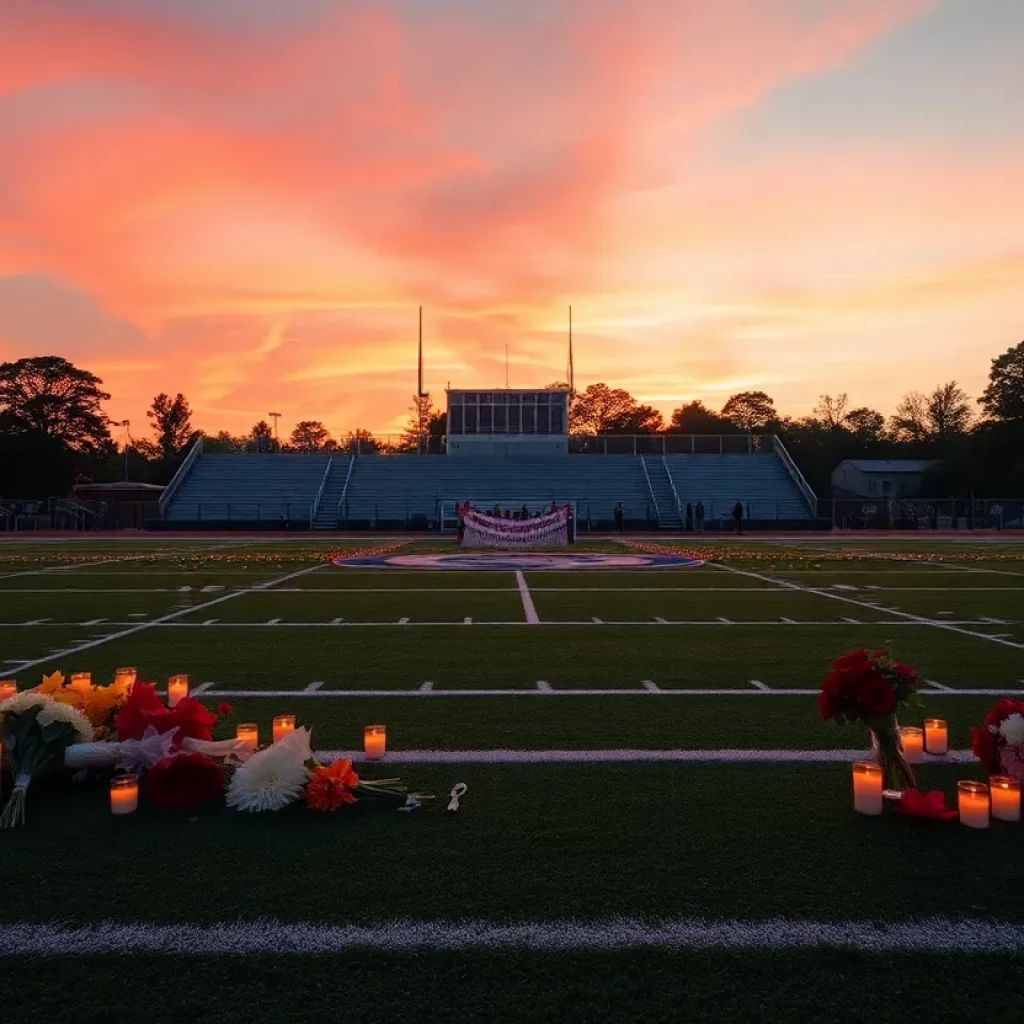 A memorial tribute for the late coach Mike Williamson at a football field