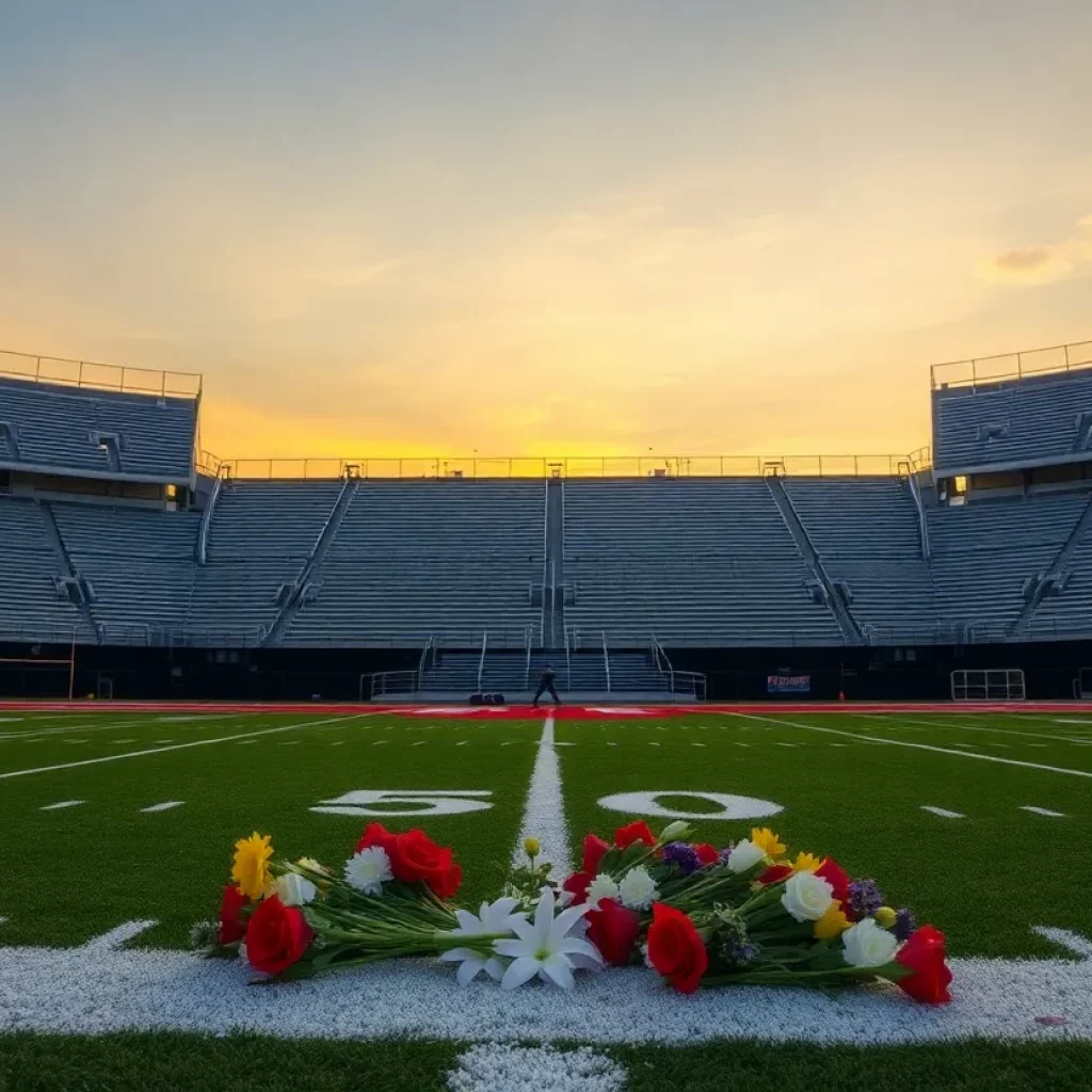 Empty football field with flowers, honoring Kenneth Hall