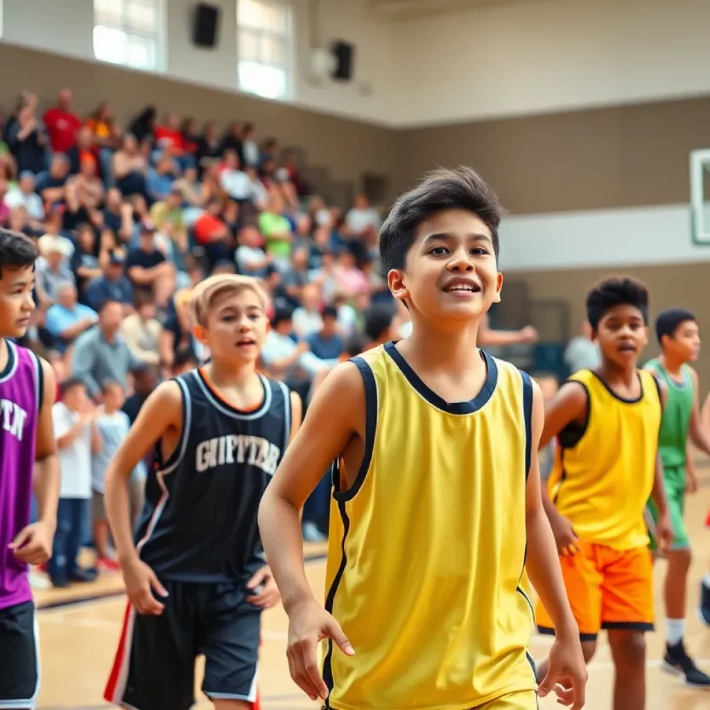Young basketball players competing on a court