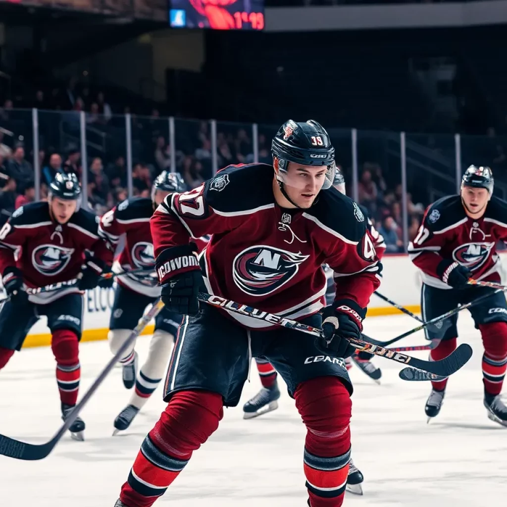 Hockey players competing during an intense game on the ice.