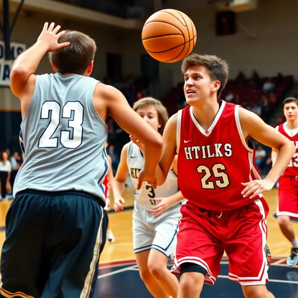 High school basketball players competing in a game