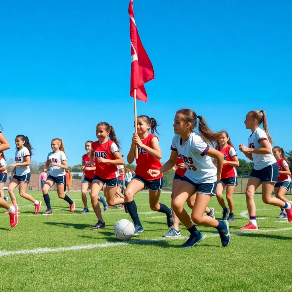 Girls' flag football team practicing on the field