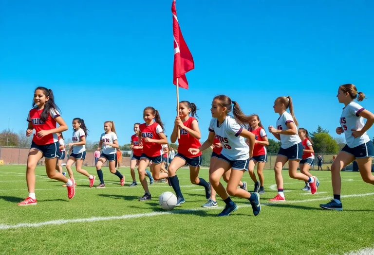 Girls' flag football team practicing on the field