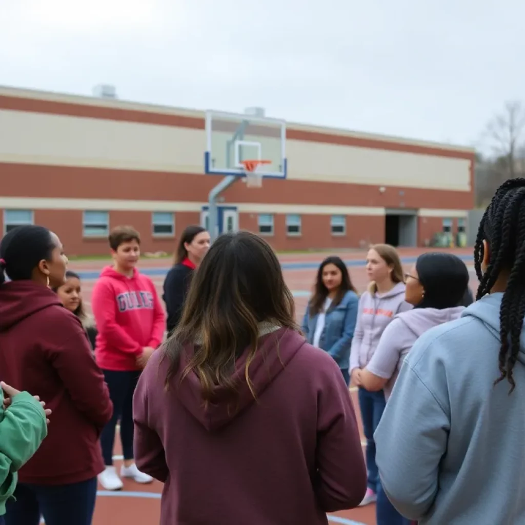 Community members gathering for support outside a high school