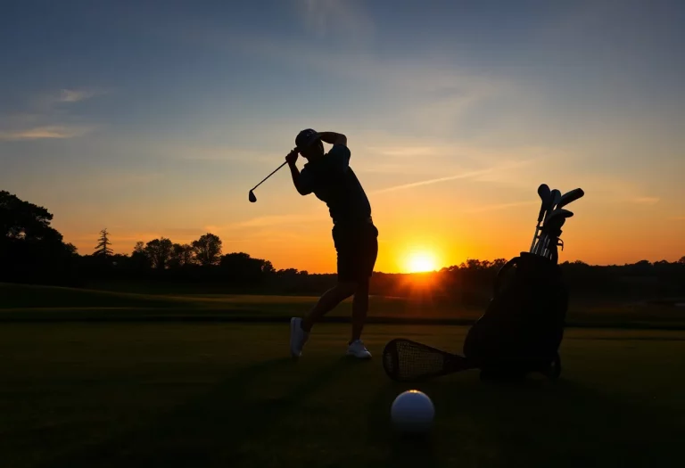 Silhouette of a golfer swinging on a sunset golf course
