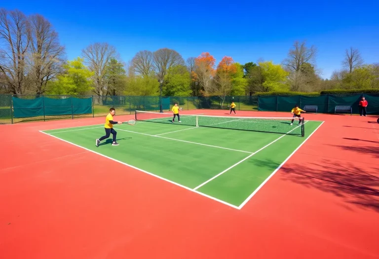 Ten players practicing tennis on a sunny spring day at Wilmington High School.