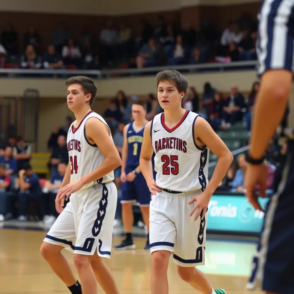 Players in a high school basketball game wearing ankle monitors