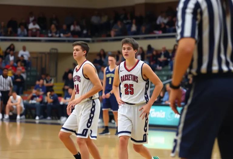 Players in a high school basketball game wearing ankle monitors