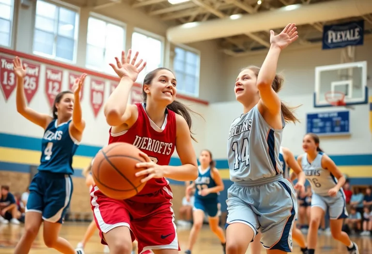 Girls basketball players competing in a high school game