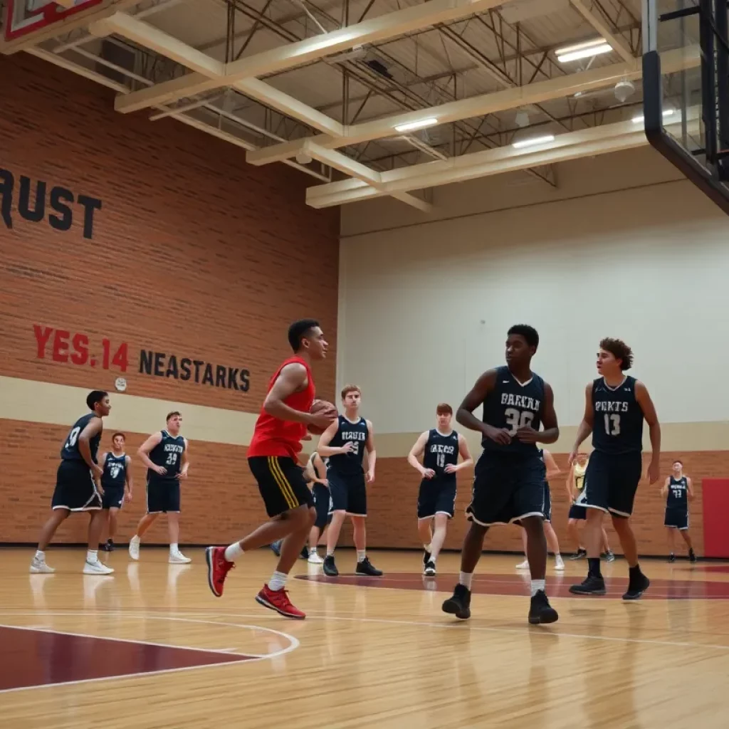 Wise High School basketball players on the court showing teamwork