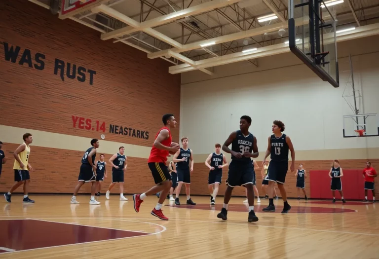 Wise High School basketball players on the court showing teamwork