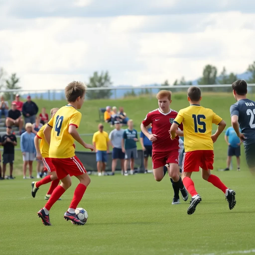 Boys' soccer match in Wyoming high school with players and cheering crowd