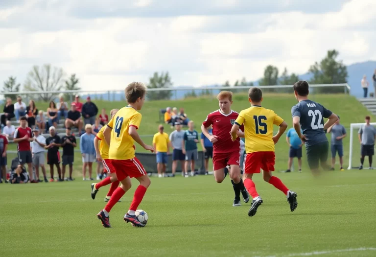 Boys' soccer match in Wyoming high school with players and cheering crowd