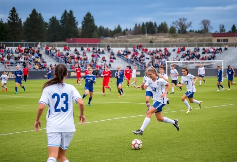High school soccer players competing on a field in Wyoming