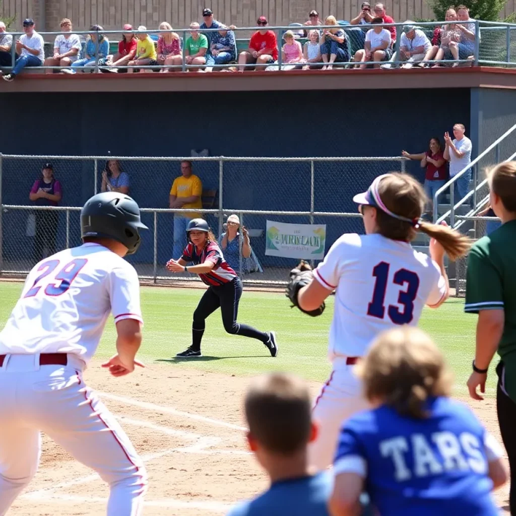 Players in a Wyoming high school softball game showcasing teamwork and competition.