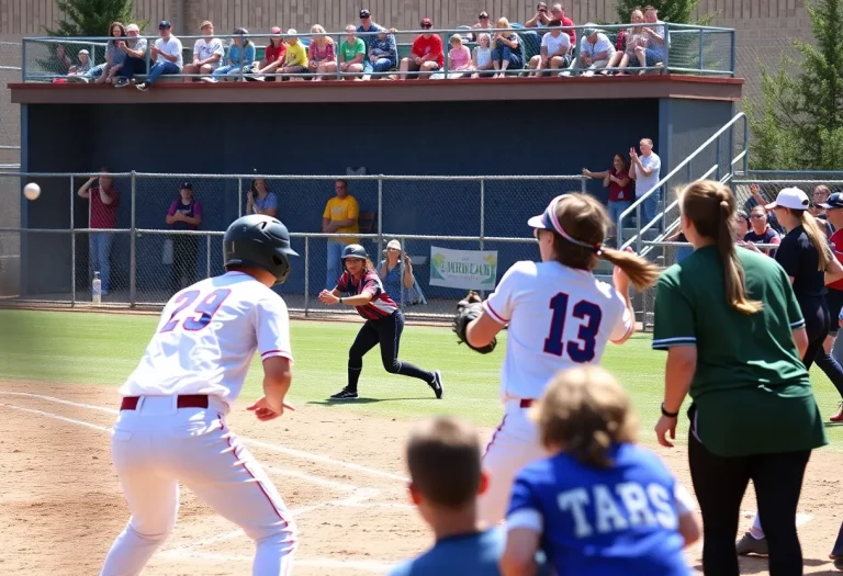 Players in a Wyoming high school softball game showcasing teamwork and competition.