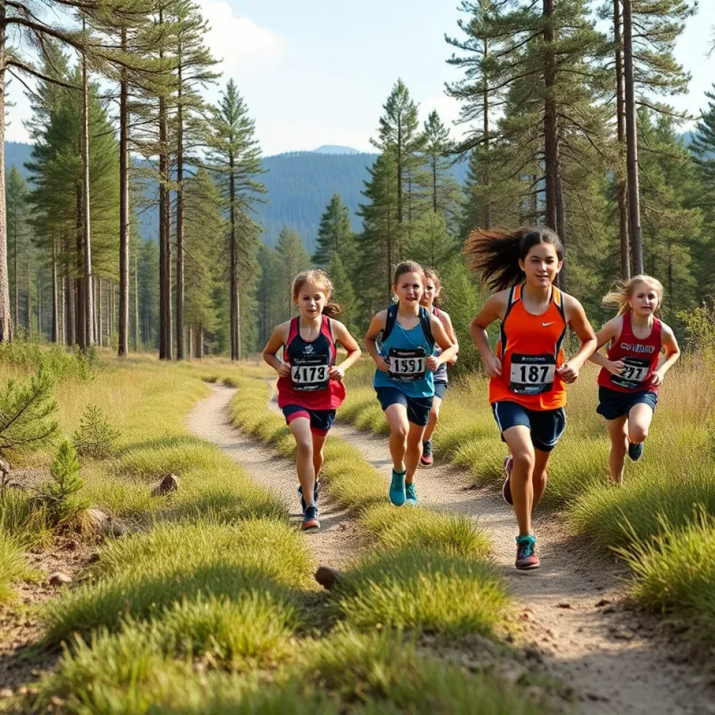 Young athletes running cross country race
